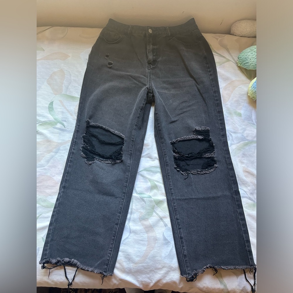 High Rise Black Baggy Ripped Jeans